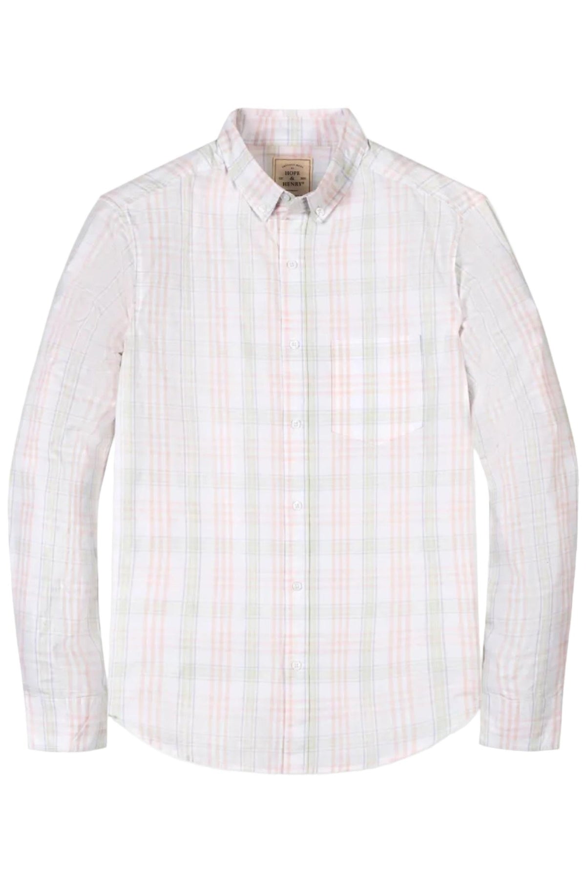 A light-colored, long-sleeve button-down shirt featuring a soft organic cotton poplin fabric with a chateau plaid pattern. It includes a functional chest pocket and a small logo label.