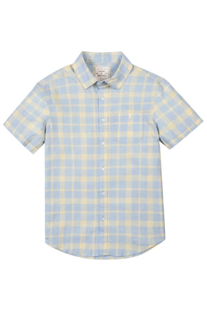 Short sleeve button-down shirt in sunlit plaid, featuring a light blue and yellow check pattern. Made from a soft linen and organic cotton blend, it’s perfect for casual wear.