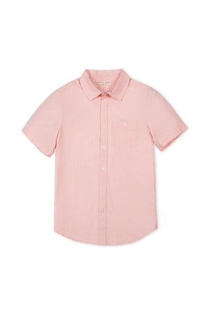 Light pink short sleeve shirt made from soft organic cotton seersucker, featuring a button-down collar and a chest pocket. Ideal for summer family gatherings and matching outfits.