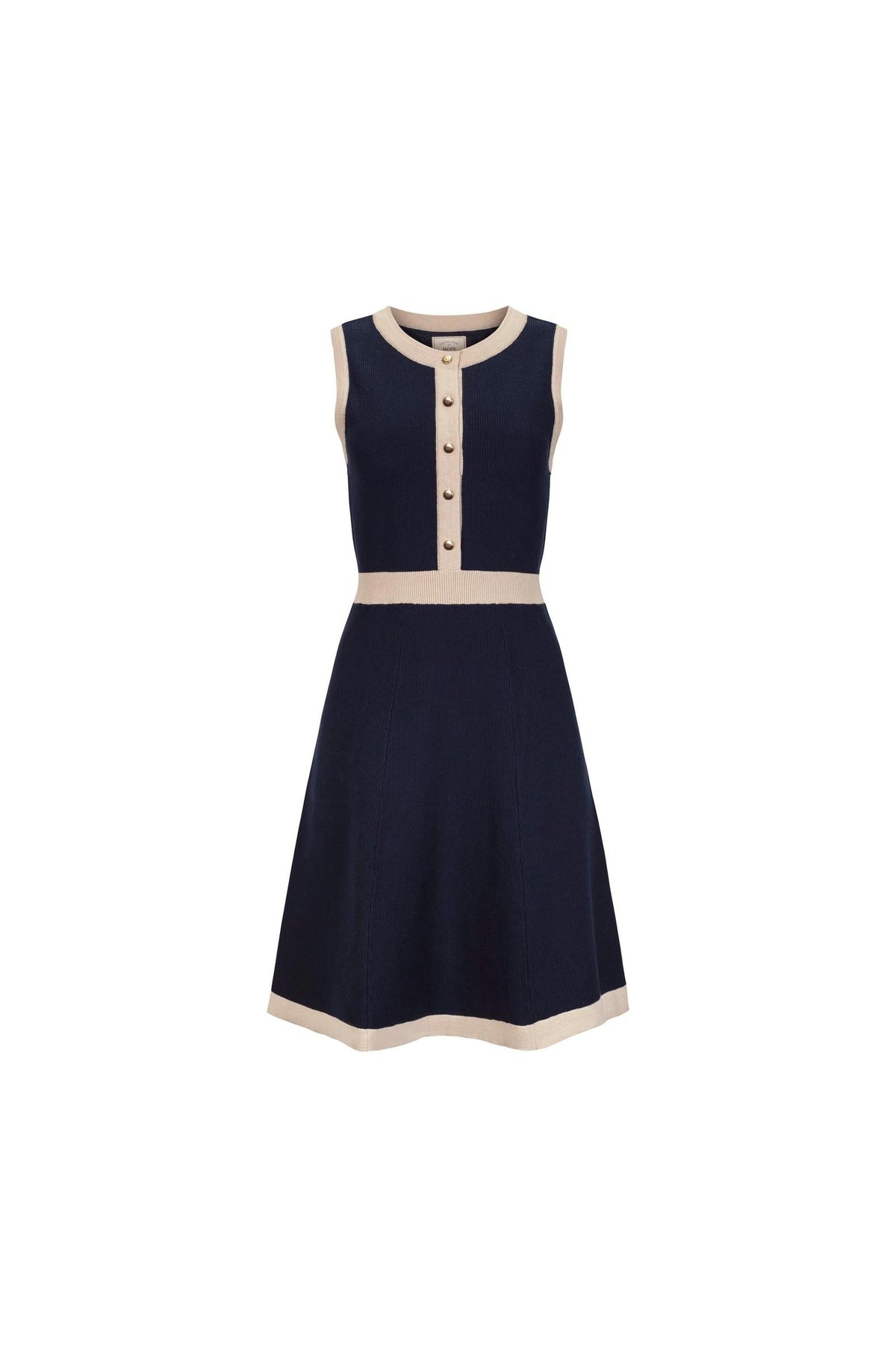 A sleeveless navy sweater dress features a button front, contrasting beige trims, and a flared skirt. Made from soft organic cotton, it combines style and comfort for year-round wear.