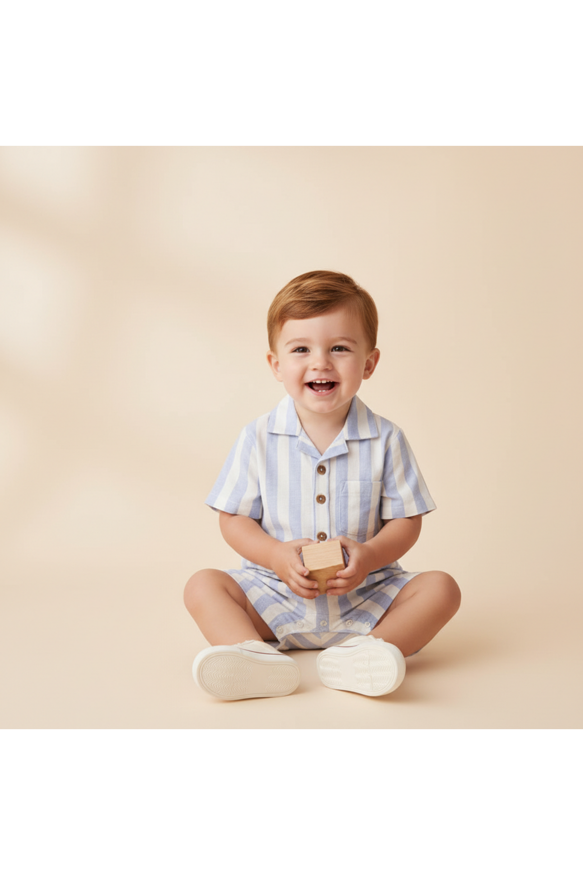 A cheerful child sits on a light beige background, wearing a blue striped organic collared romper with wooden buttons.