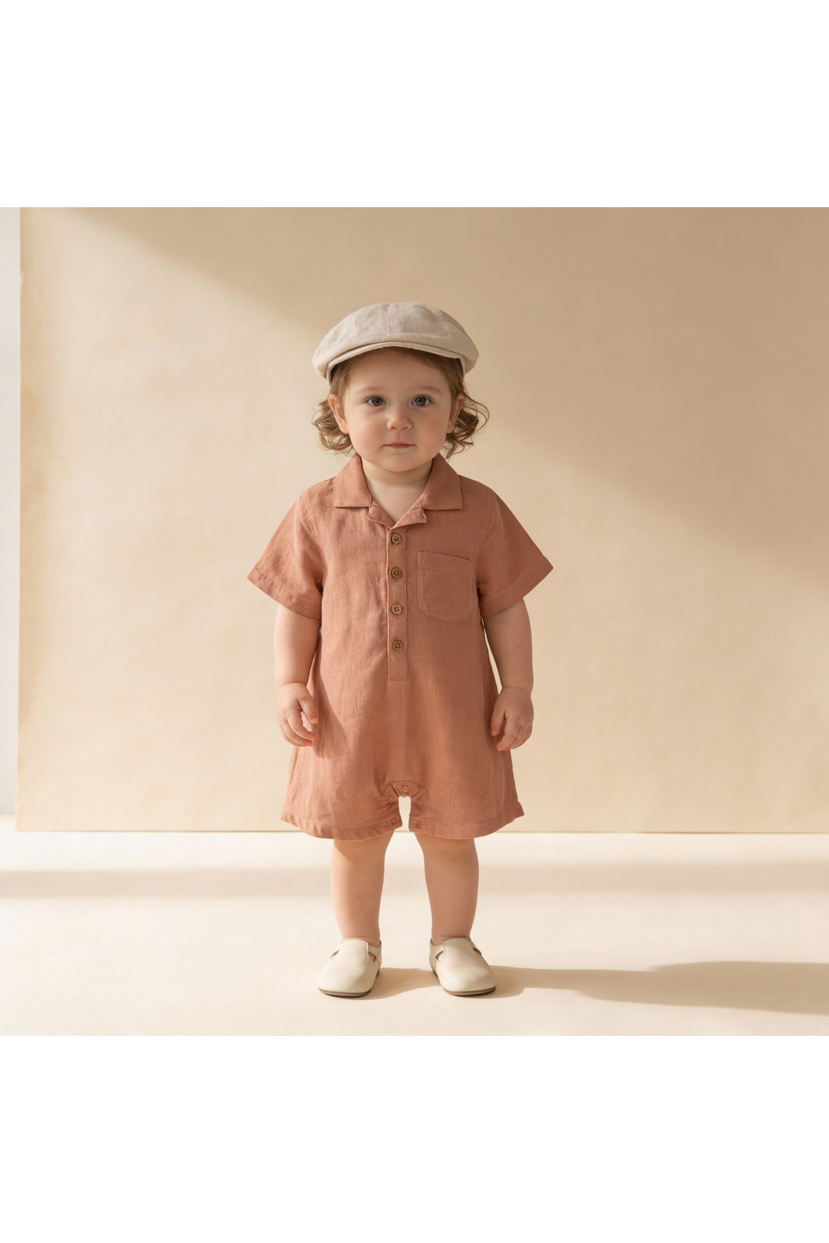 A young child stands in a light, neutral setting, wearing a clay-colored organic linen-cotton romper with a collar, wooden buttons, and a front pocket, paired with a light cap and.