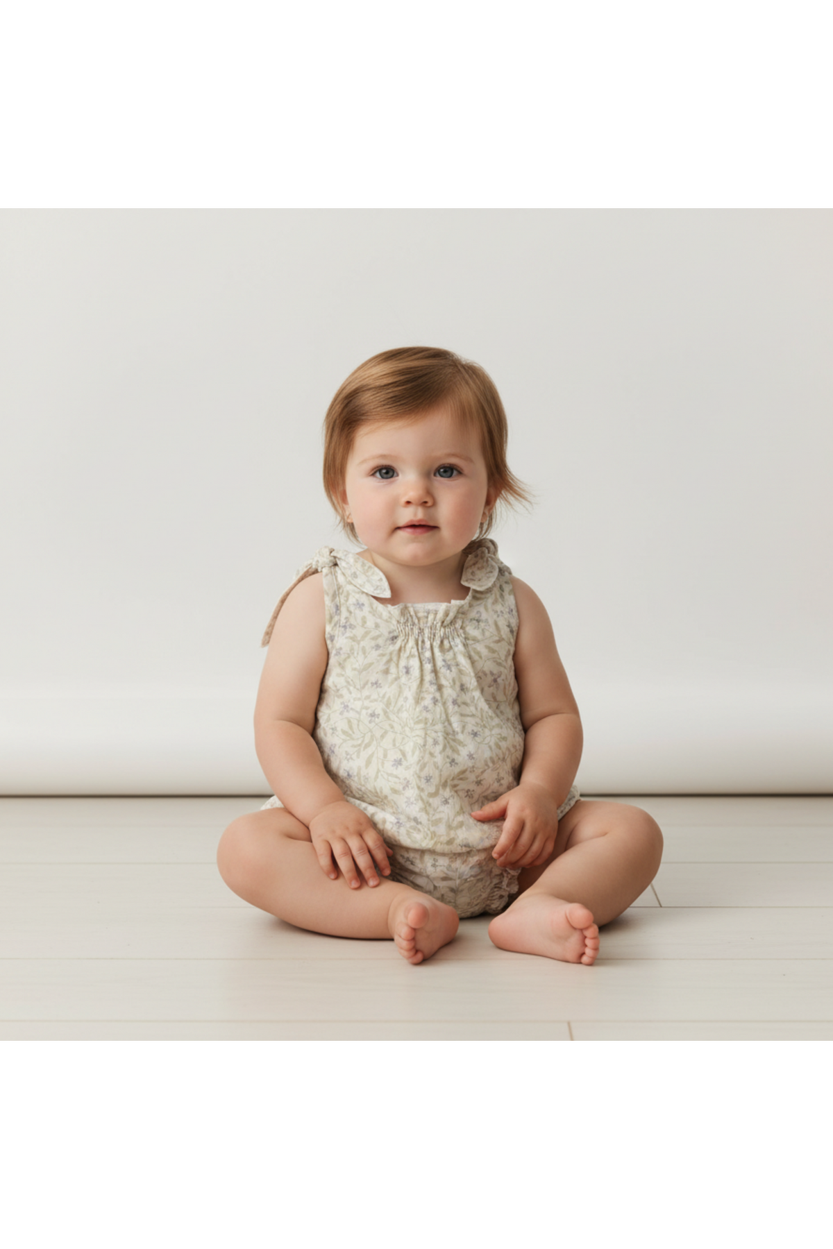 A toddler sits on a light-colored wooden floor, wearing a soft, organic cotton romper with a floral pattern and adjustable tie shoulder straps, exuding comfort and playful style.