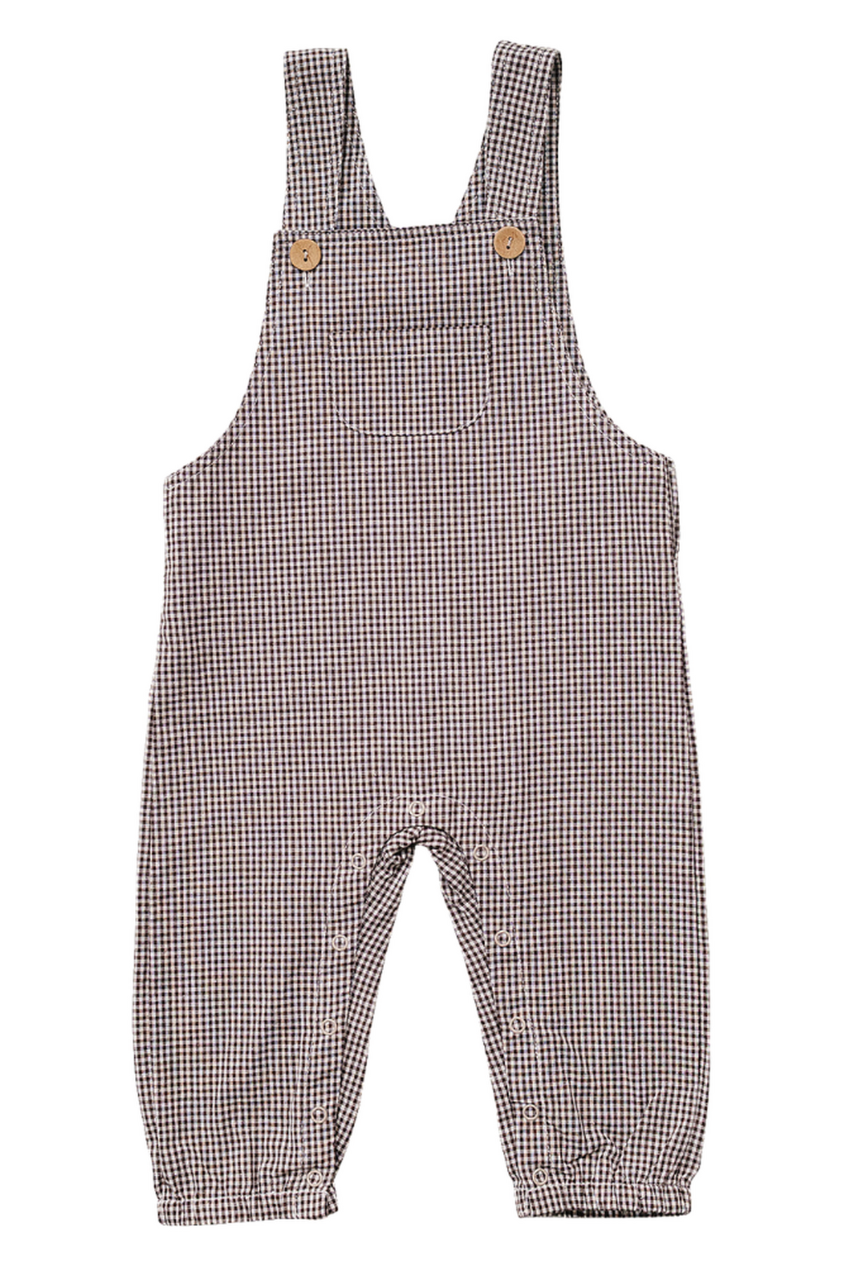 Brown plaid cotton overalls feature wooden button straps and a relaxed fit, designed for comfort and play. Ideal for babies, these overalls combine style with sustainable material.