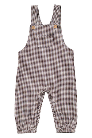 Brown plaid cotton overalls feature wooden button straps and a relaxed fit, designed for comfort and play. Ideal for babies, these overalls combine style with sustainable material.