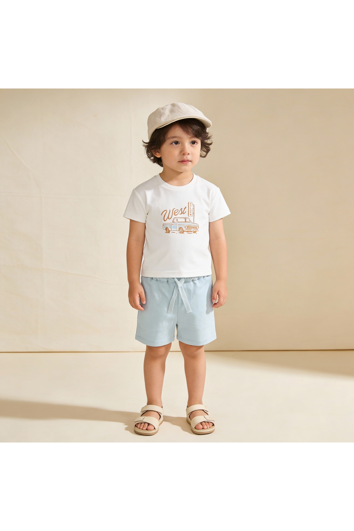 A young child stands in a light setting, wearing a white graphic tee with a vintage truck design and soft blue shorts.