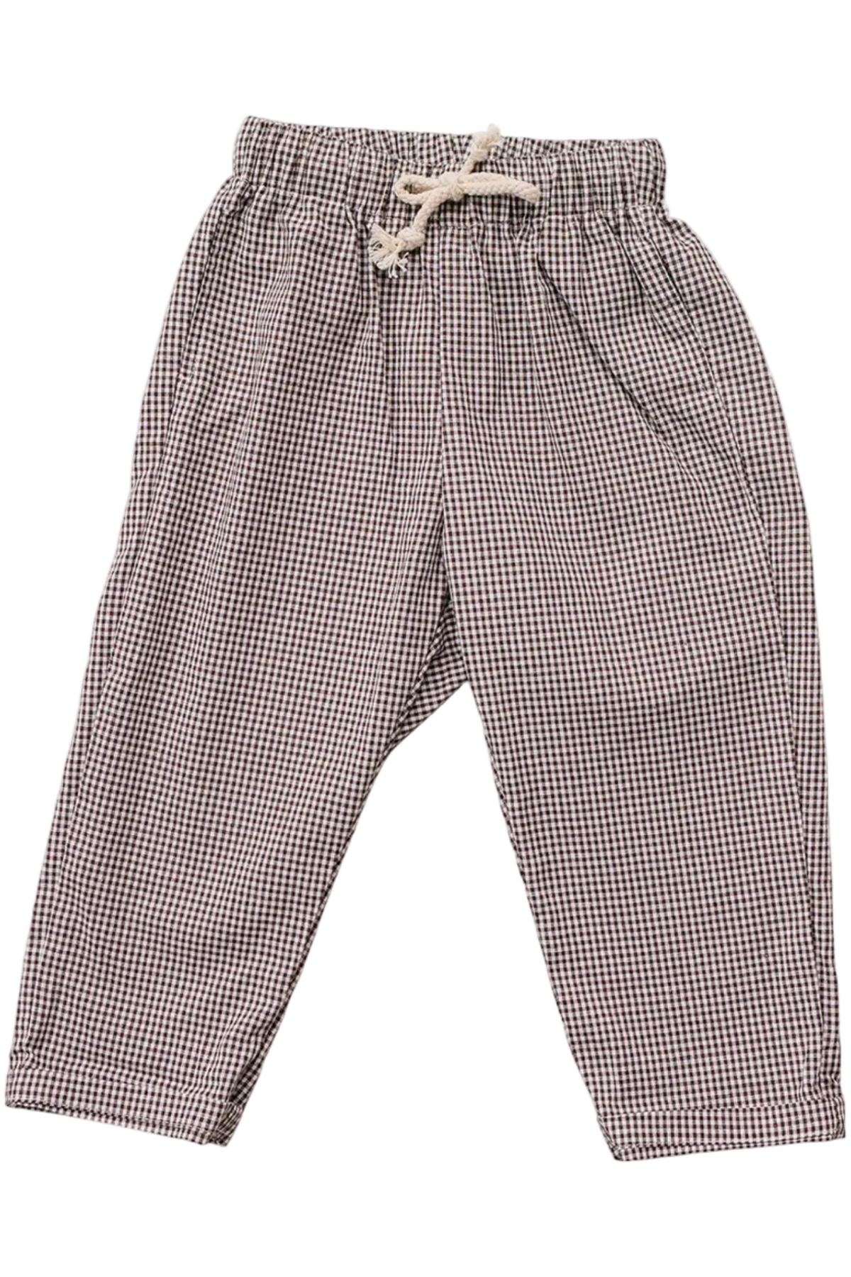 Brown plaid cotton pants featuring a comfortable, relaxed fit and an adjustable drawstring waist, ideal for childrens everyday adventures and play. Made from soft, breathable fabric for all-day comfort.
