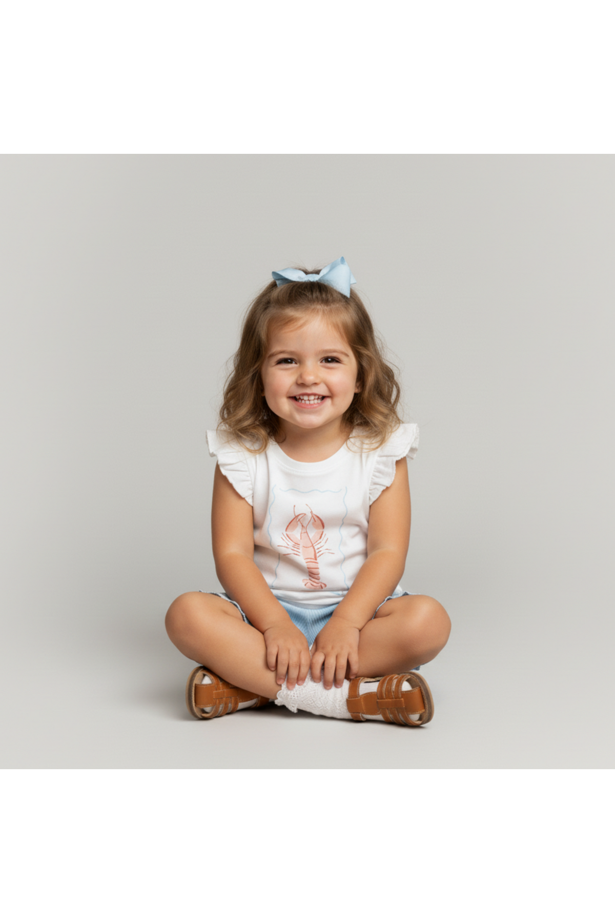 A smiling young girl sits cross-legged, wearing a sleeveless white top with a lobster design and light blue shorts.