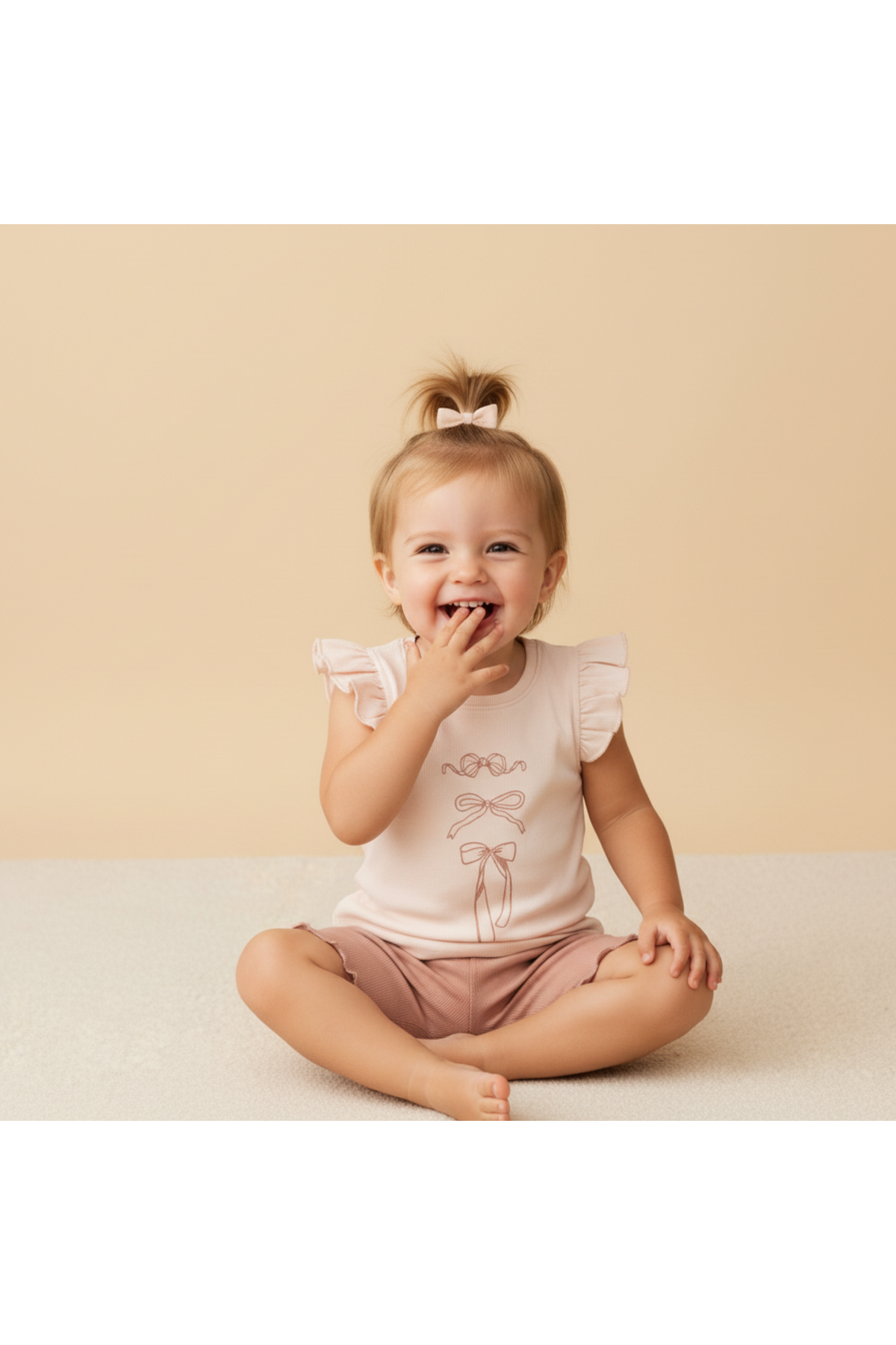 A cheerful toddler sits on a light beige surface, wearing a soft pink organic cotton sleeveless flutter top with a bow print and matching shorts, smiling while playfully covering her.