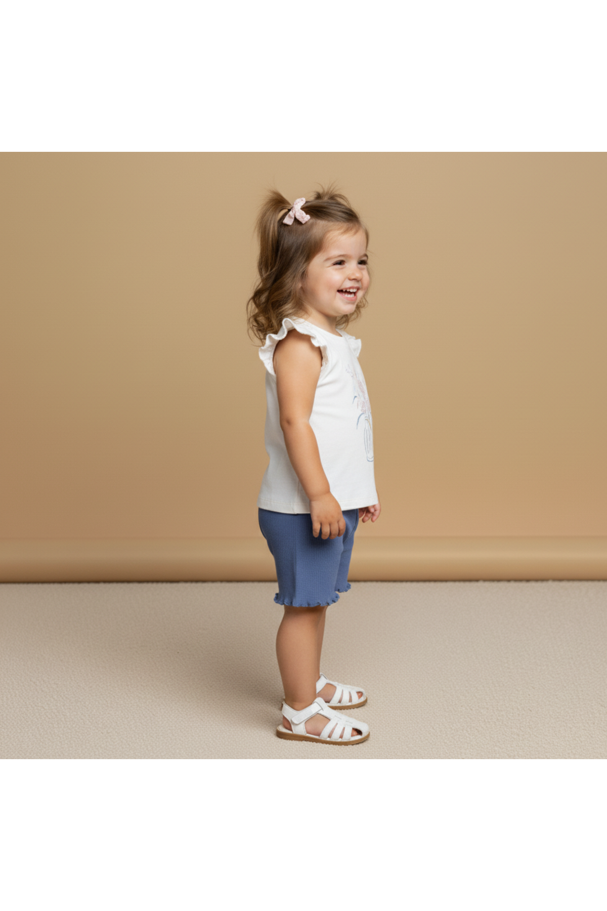 A smiling toddler stands sideways, wearing a white sleeveless top with ruffled edges and blue shorts. The outfit is made from organic cotton, perfect for warm weather and playful activities.