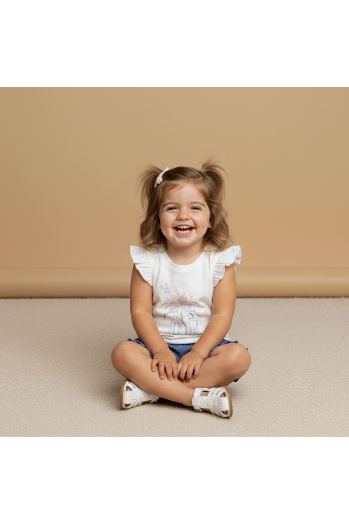 A smiling toddler sits cross-legged on a soft beige surface, wearing a white sleeveless top with flutter sleeves and denim shorts. Her playful hairstyle features two small pigtails.