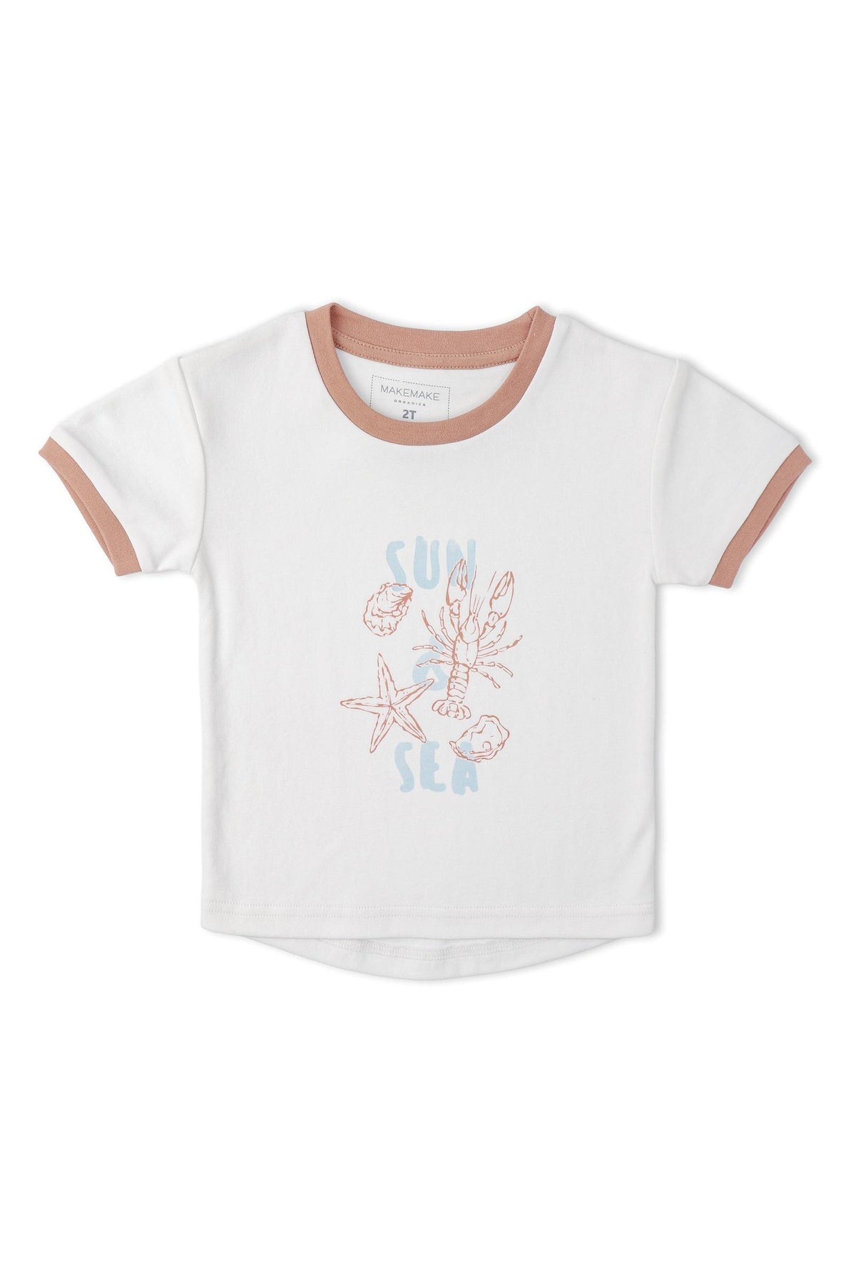 A white graphic tee with a coral and blue beach-themed print featuring a lobster, starfish, and seashells. The shirt has contrasting coral trim and is made from soft, organic cotton.