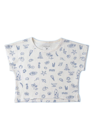 A light beige drop shoulder tee featuring a whimsical coastal print of seashells, sailboats, and seaweed in blue.