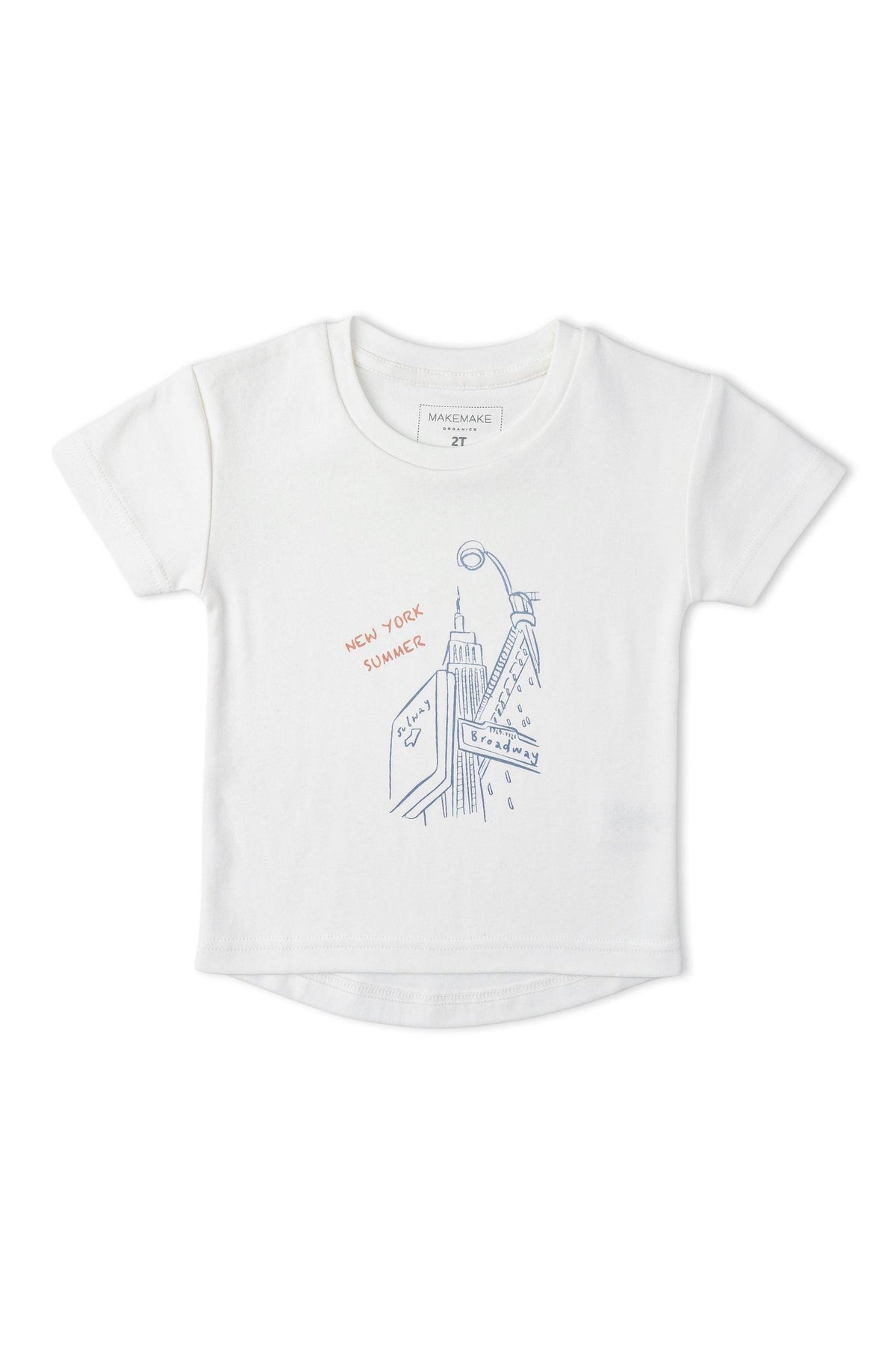 White organic cotton graphic tee featuring a New York skyline design, with playful illustrations and the text NEW YORK in red. Ideal for stylish, eco-conscious children.