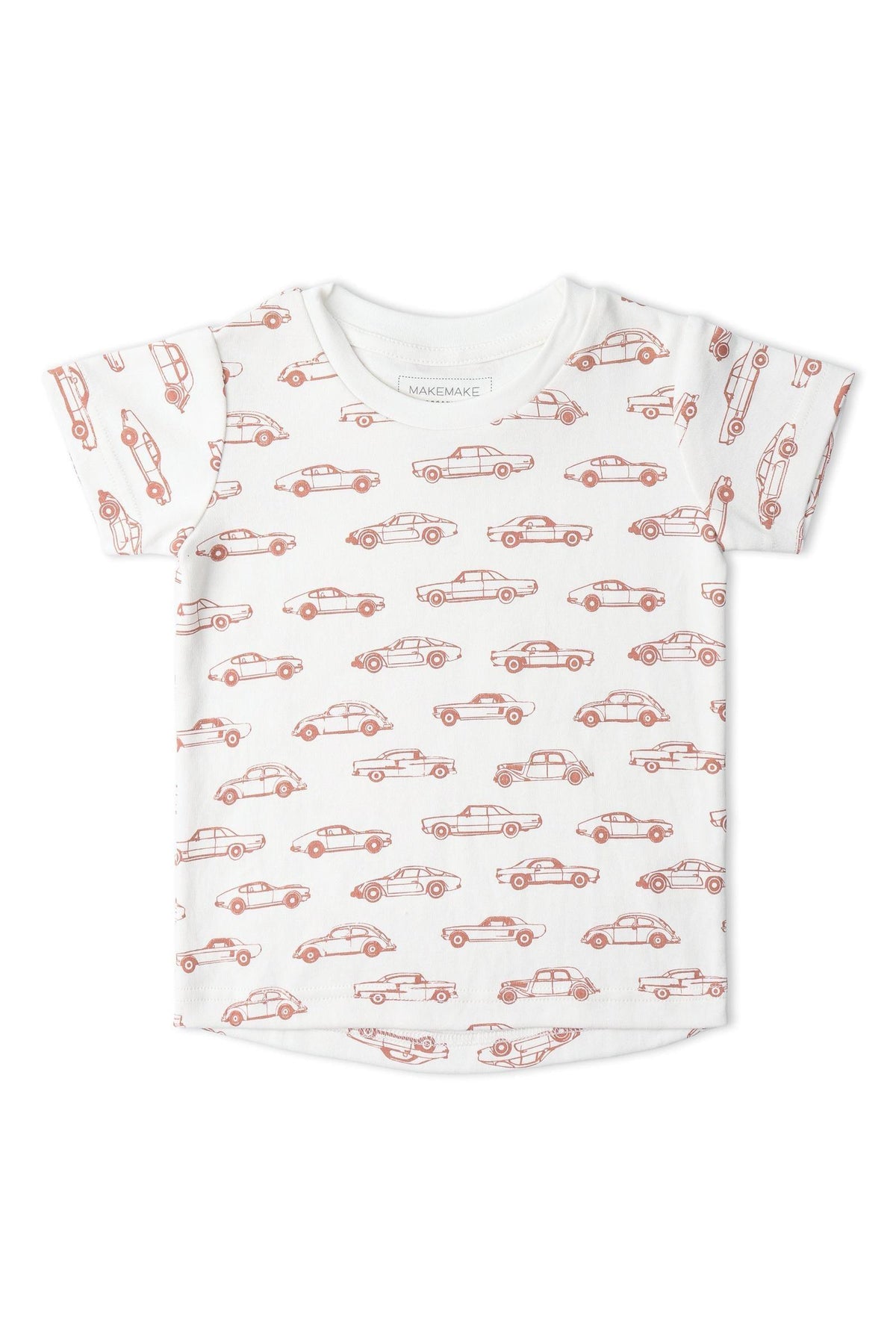 White short-sleeve tee featuring a playful print of vintage cars in red. Made from soft, breathable organic cotton, this shirt is designed for comfort and imaginative play.