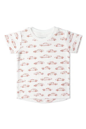 White short-sleeve tee featuring a playful print of vintage cars in red. Made from soft, breathable organic cotton, this shirt is designed for comfort and imaginative play.