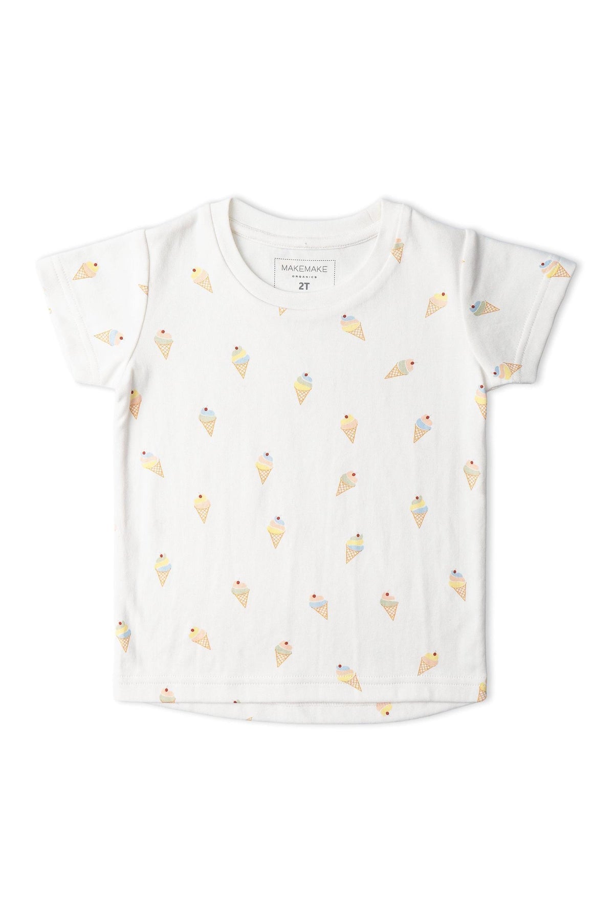 A white childrens t-shirt featuring a playful ice cream cone print in soft pastel colors. Made from certified organic cotton, this comfortable top is ideal for all-day play.