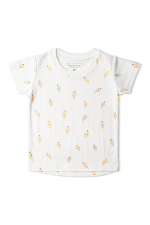 A white childrens t-shirt featuring a playful ice cream cone print in soft pastel colors. Made from certified organic cotton, this comfortable top is ideal for all-day play.