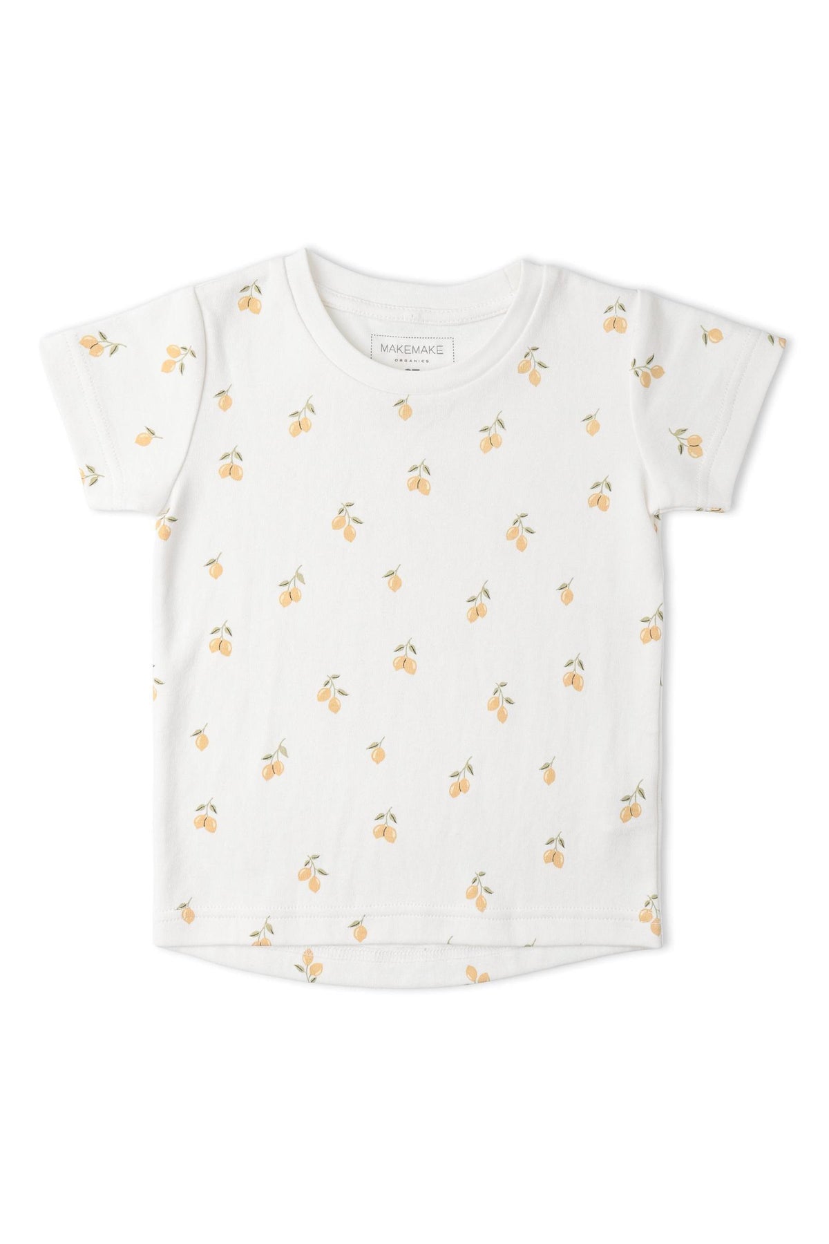 White organic cotton tee featuring a playful lemon print, perfect for warm days. Ideal for childrens casual wear, this soft shirt combines style and comfort for everyday play.