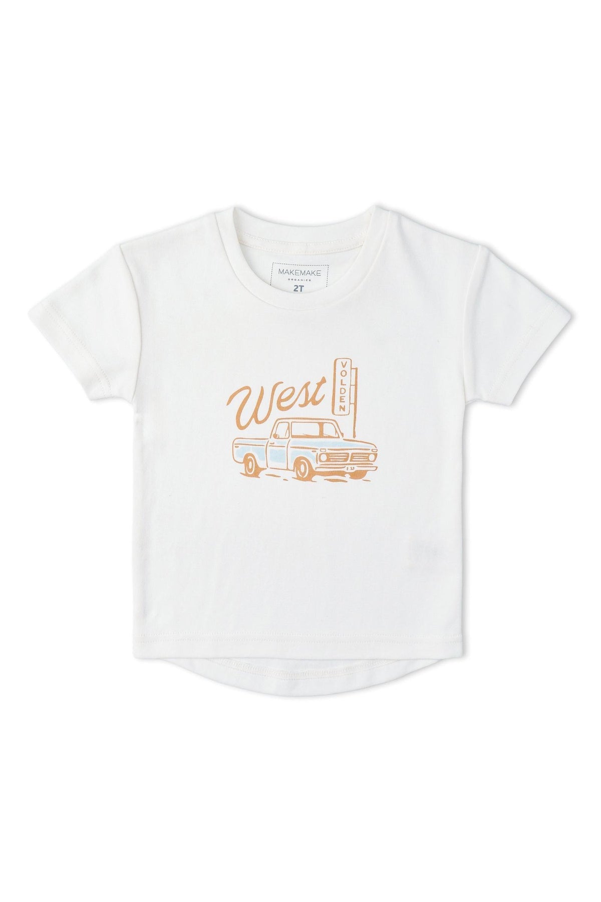 A soft white organic cotton t-shirt features a retro truck graphic with West text, perfect for adventurous young explorers. Ideal for casual wear, it promotes comfort and playful style.