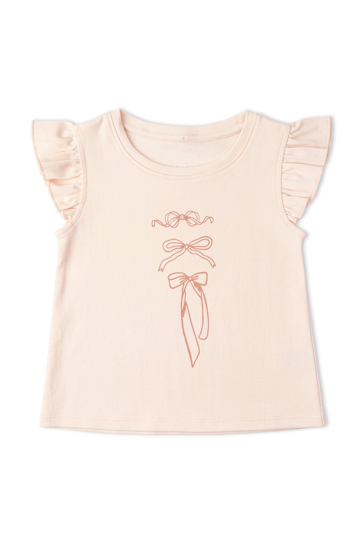 Organic cotton sleeveless flutter top in soft peach features delicate bow illustrations. This charming design is perfect for warm days and adds a playful touch to any childs outfit.