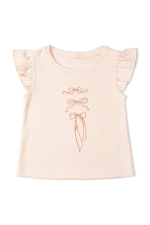 Organic cotton sleeveless flutter top in soft peach features delicate bow illustrations. This charming design is perfect for warm days and adds a playful touch to any childs outfit.