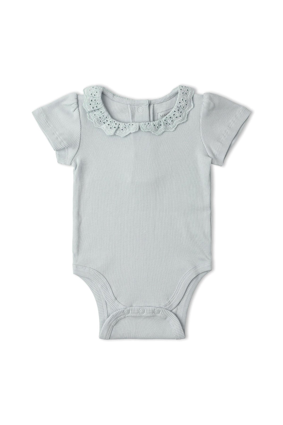 Light gray organic cotton onesie featuring a delicate lace collar. This soft, stretchy garment is ideal for comfortable wear, perfect for infants and toddlers during playtime or naptime.