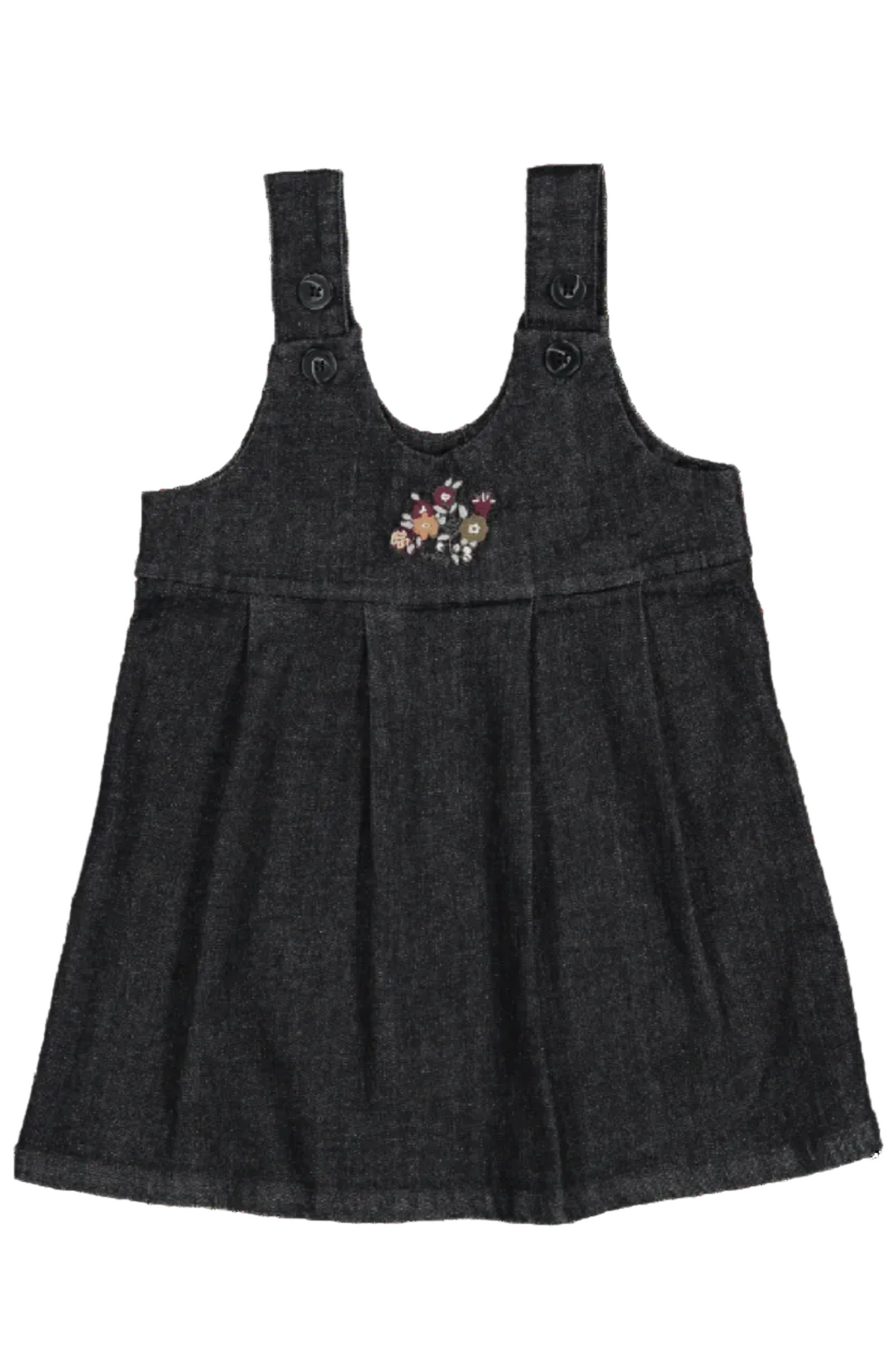 Black denim cotton dress featuring delicate floral embroidery, designed for toddlers and kids. The dress has adjustable straps and a flared skirt, perfect for casual outings and everyday wear.