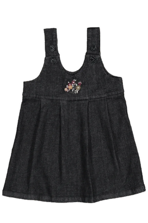 Black denim cotton dress featuring delicate floral embroidery, designed for toddlers and kids. The dress has adjustable straps and a flared skirt, perfect for casual outings and everyday wear.