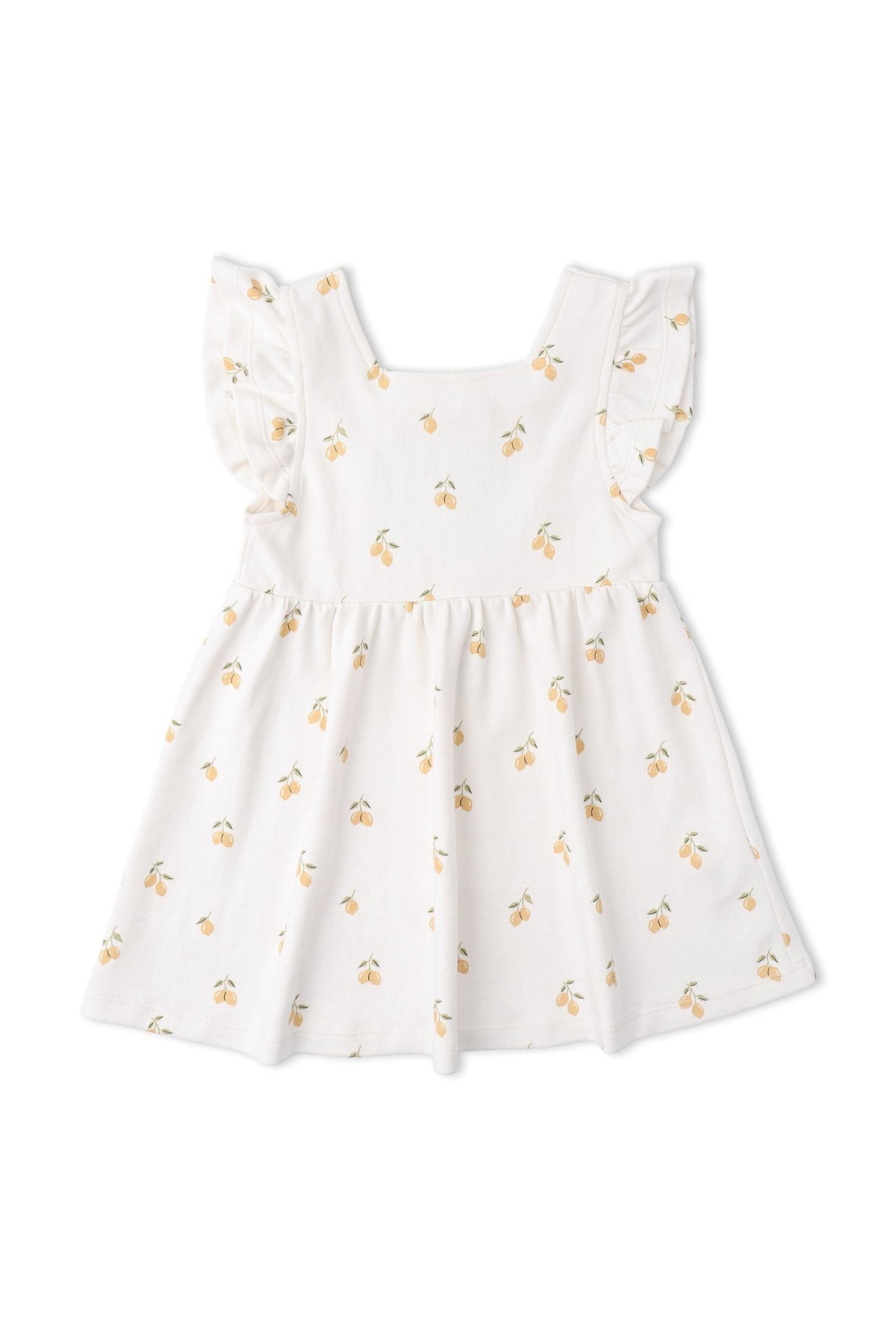 A lightweight, organic cotton dress featuring a cheerful lemon print, ruffled sleeves, and a square neckline. This comfortable piece is perfect for young girls, ideal for warm-weather play.