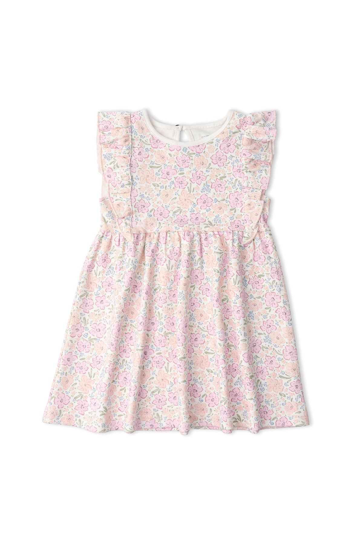 A charming peony-patterned flutter dress features ruffled sleeves and a soft neckline. Made from organic cotton, this playful dress is perfect for baby girls, showcasing a delightful floral design.