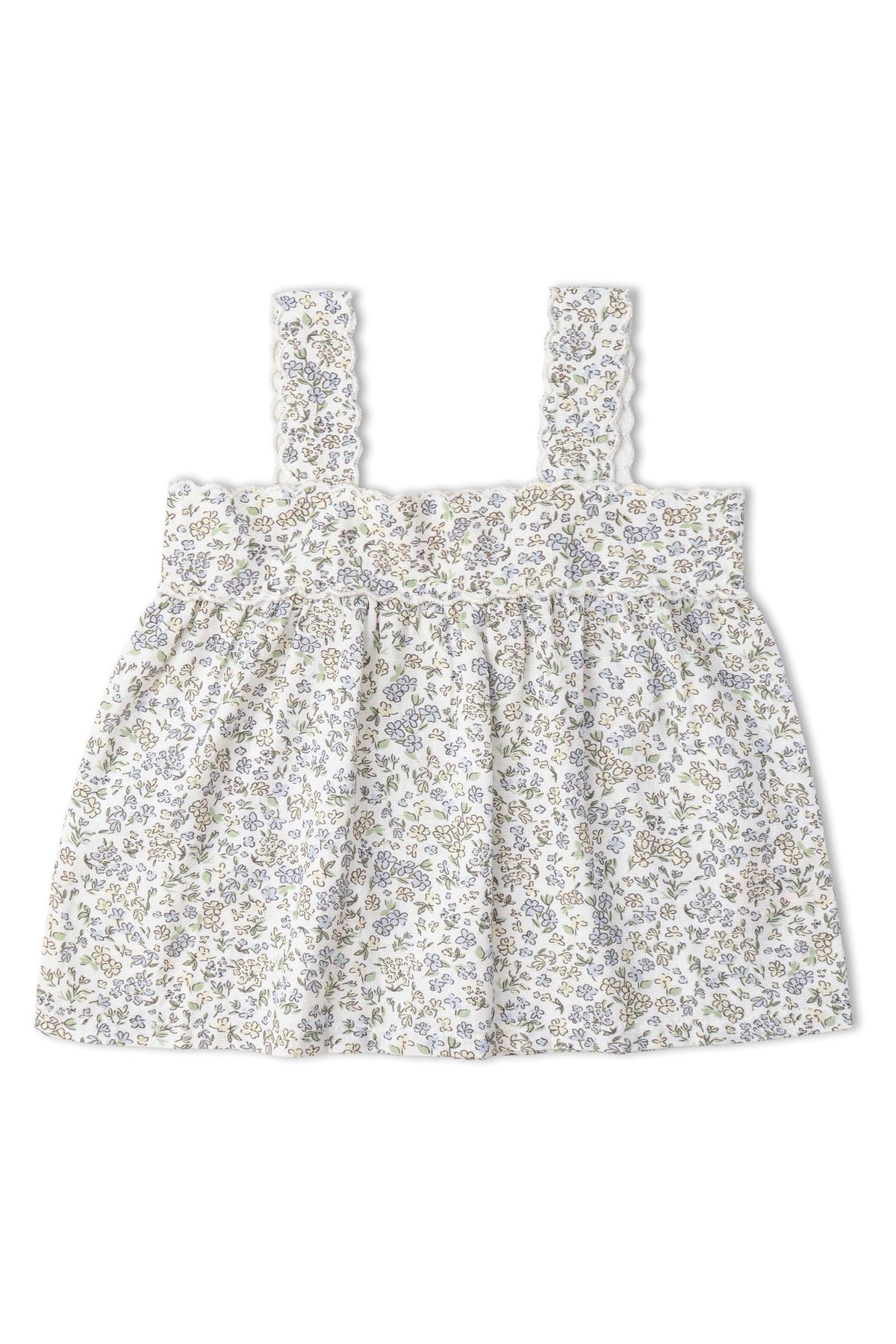 A soft, sleeveless top featuring a floral pattern in pastel colors, with scalloped straps and a relaxed fit. Ideal for warm weather, it combines style and comfort for young children.