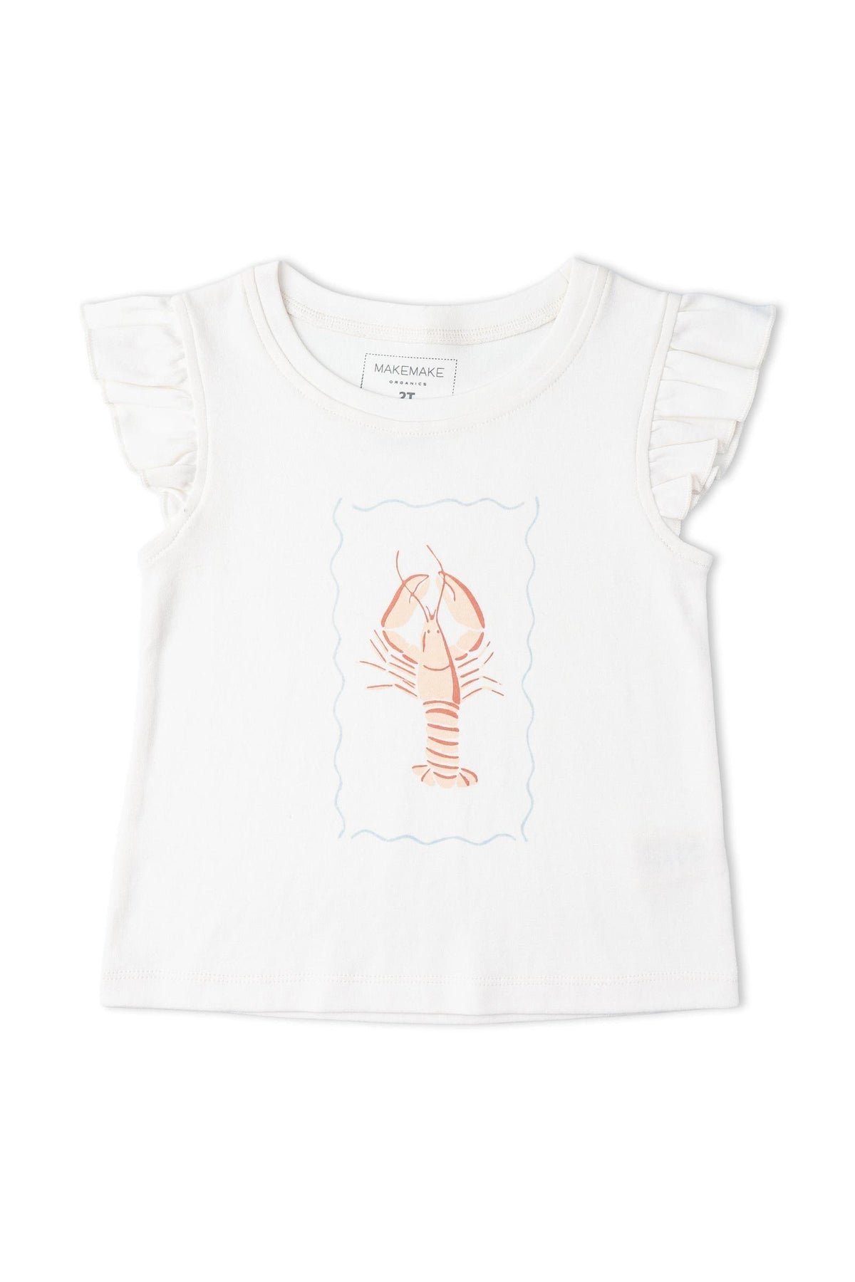 A white sleeveless top featuring a playful lobster graphic and delicate flutter sleeves. Made from soft, breathable organic cotton, this charming piece is perfect for warm days.