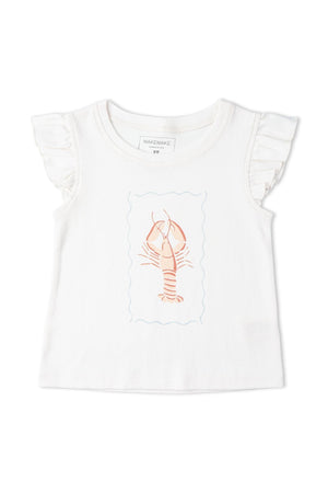A white sleeveless top featuring a playful lobster graphic and delicate flutter sleeves. Made from soft, breathable organic cotton, this charming piece is perfect for warm days.