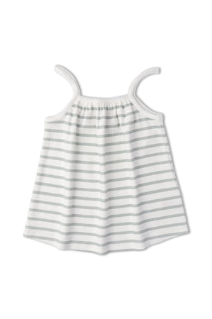 A light gray and white striped tank top with spaghetti straps and a gathered neckline, made from soft organic cotton.