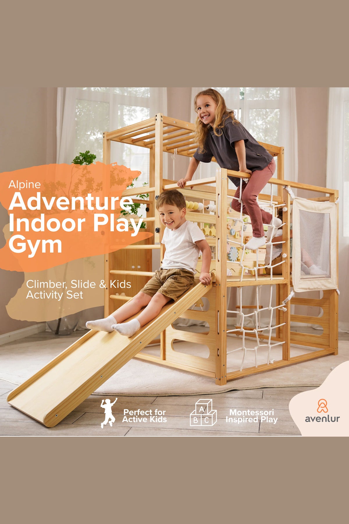 A boy slides down a wooden slide while a girl climbs above on the Avenlur Alpine Adventure Indoor Play Gym.