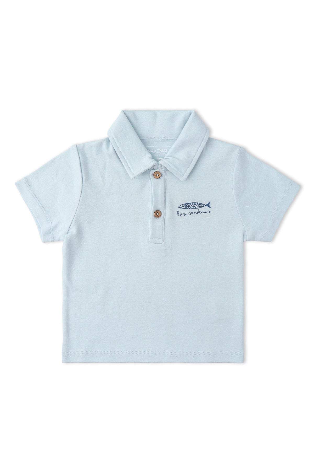 Light blue organic cotton polo shirt featuring a classic collar and wooden buttons. It has a playful fish embroidery, perfect for casual wear and eco-friendly fashion for children.