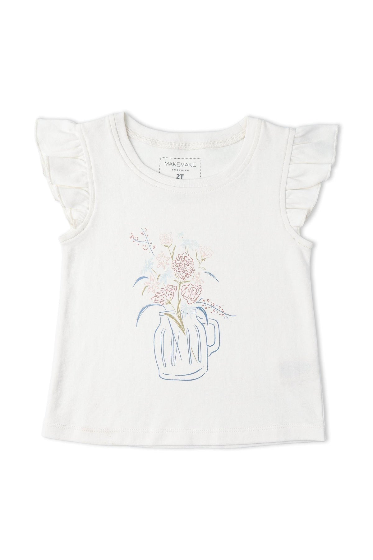 A white sleeveless top featuring flutter sleeves and a floral design in soft colors. Made from organic cotton, it is suitable for toddlers and perfect for warm weather outings.