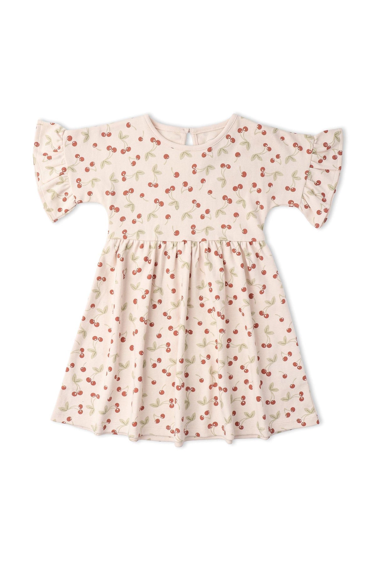 Light pink organic cotton dress featuring a playful cherry print and relaxed dolman sleeves, perfect for everyday wear. This dress combines comfort and style for children.