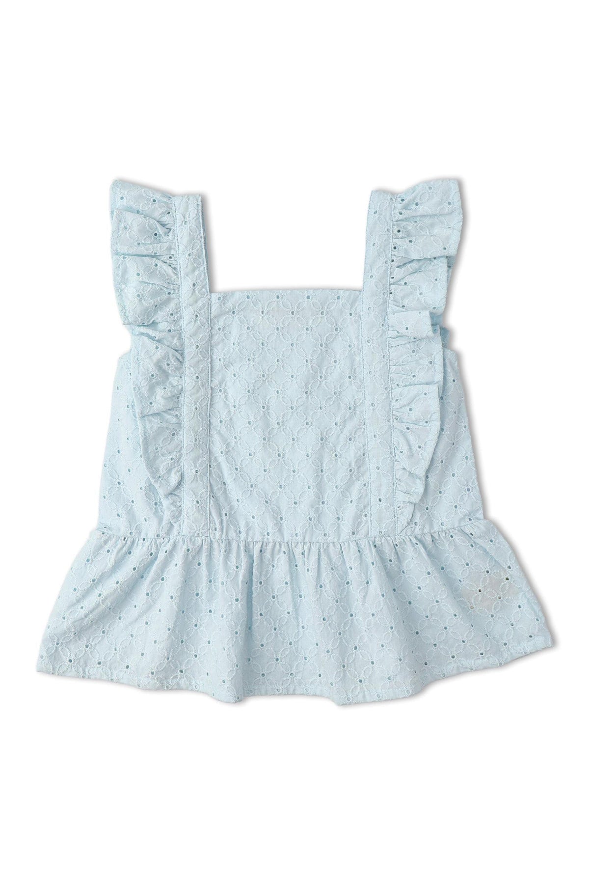 Light blue organic cotton top featuring delicate eyelet embroidery and flutter sleeves. The breezy design is perfect for warm weather, adding a charming touch to any outfit.
