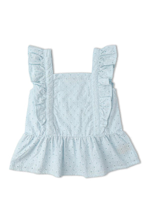 Light blue organic cotton top featuring delicate eyelet embroidery and flutter sleeves. The breezy design is perfect for warm weather, adding a charming touch to any outfit.