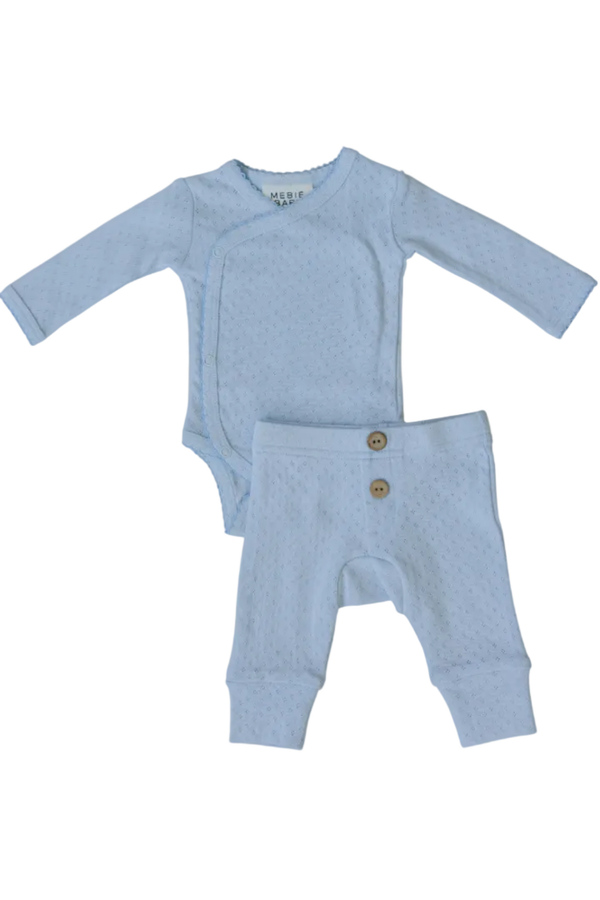 Light blue pointelle knit layette set featuring a long-sleeve bodysuit and matching pants, crafted from soft, breathable cotton, designed for newborn comfort and style. Ideal for everyday wear.