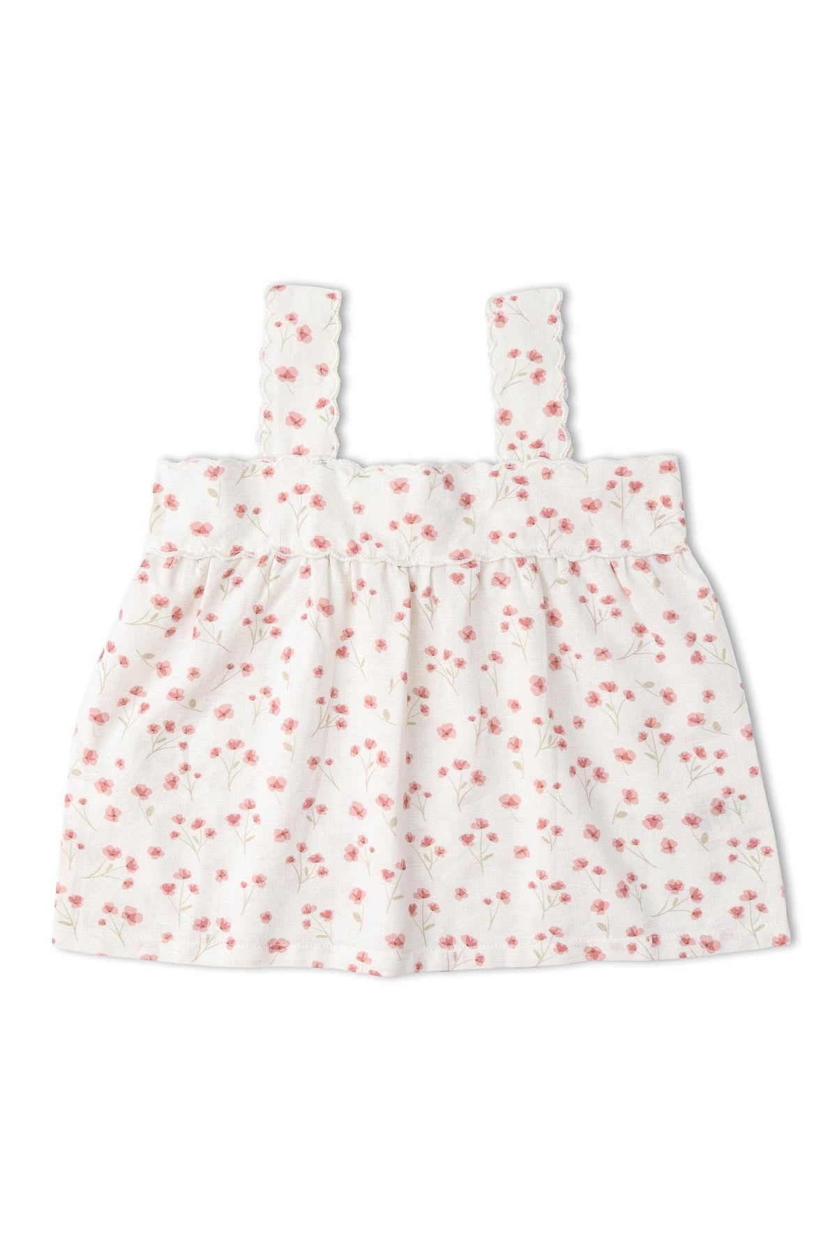 White top featuring delicate pink floral patterns, scalloped straps, and a relaxed fit. Made from a soft, breathable fabric, this stylish piece is perfect for warm-weather outings.