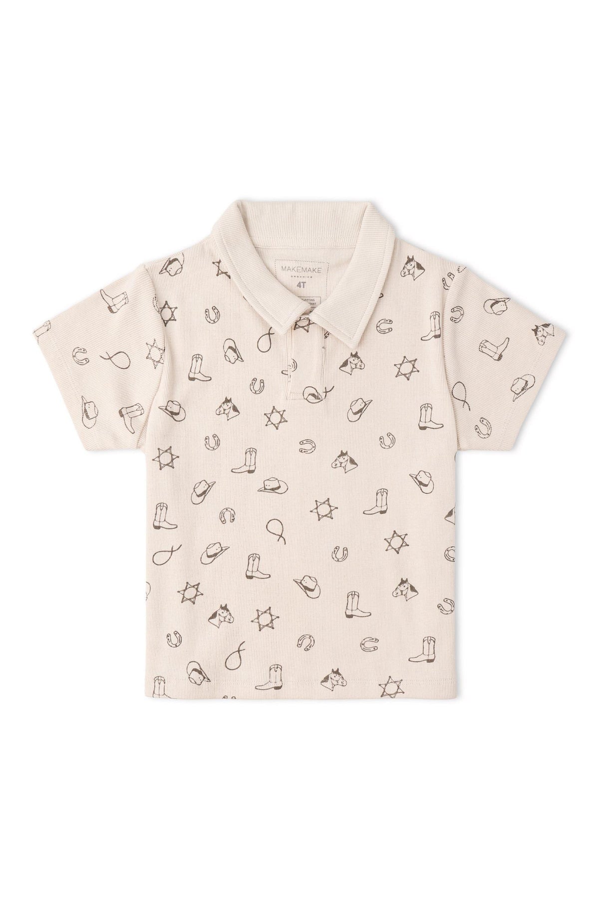 Light beige polo shirt featuring a whimsical rodeo print with boots, hats, and stars. Made from soft organic cotton, this shirt is perfect for comfortable, eco-friendly playtime.