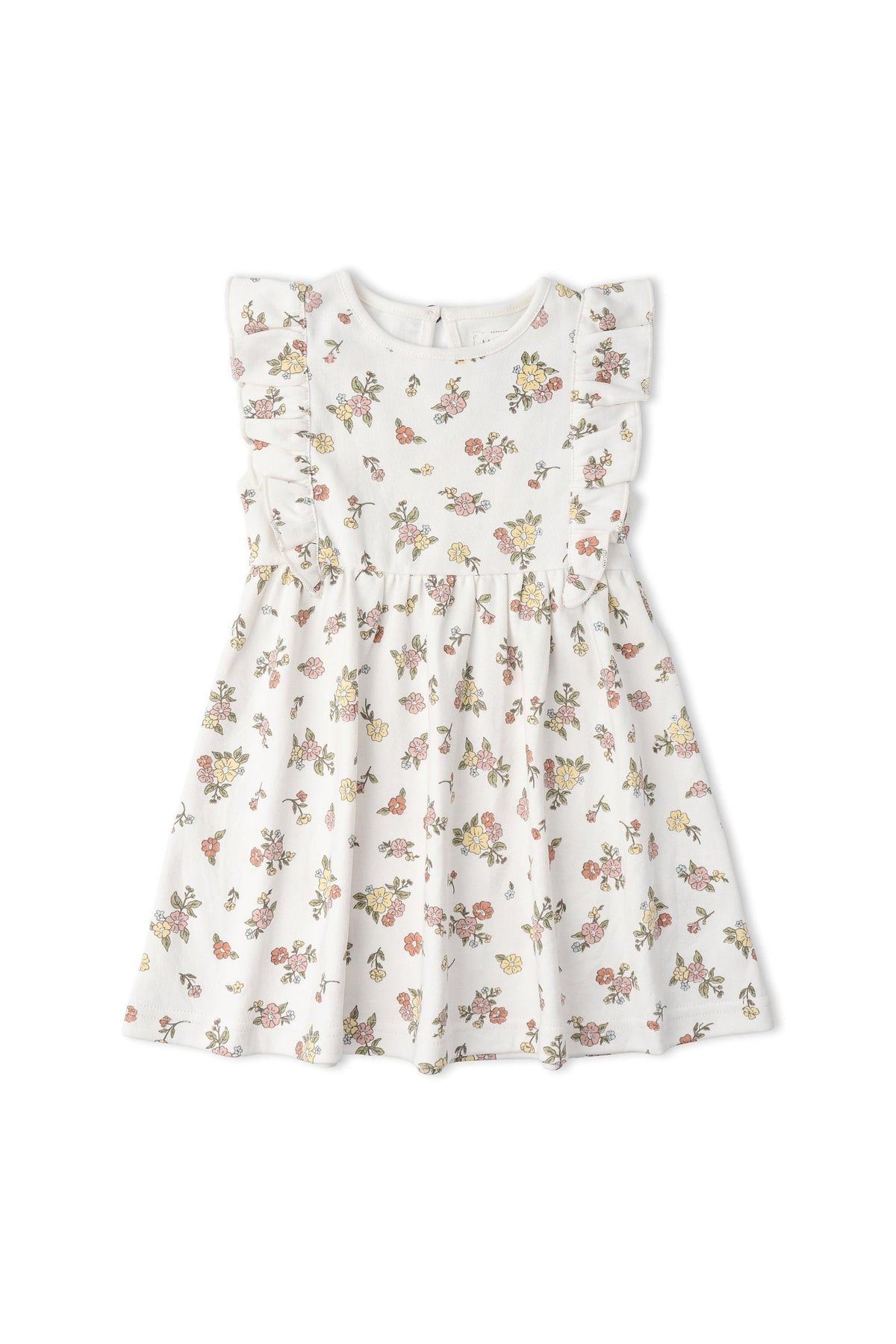 A sleeveless organic cotton dress featuring a white background adorned with colorful floral patterns. The dress has playful ruffled sleeves, making it a charming addition to any baby girls wardrobe.