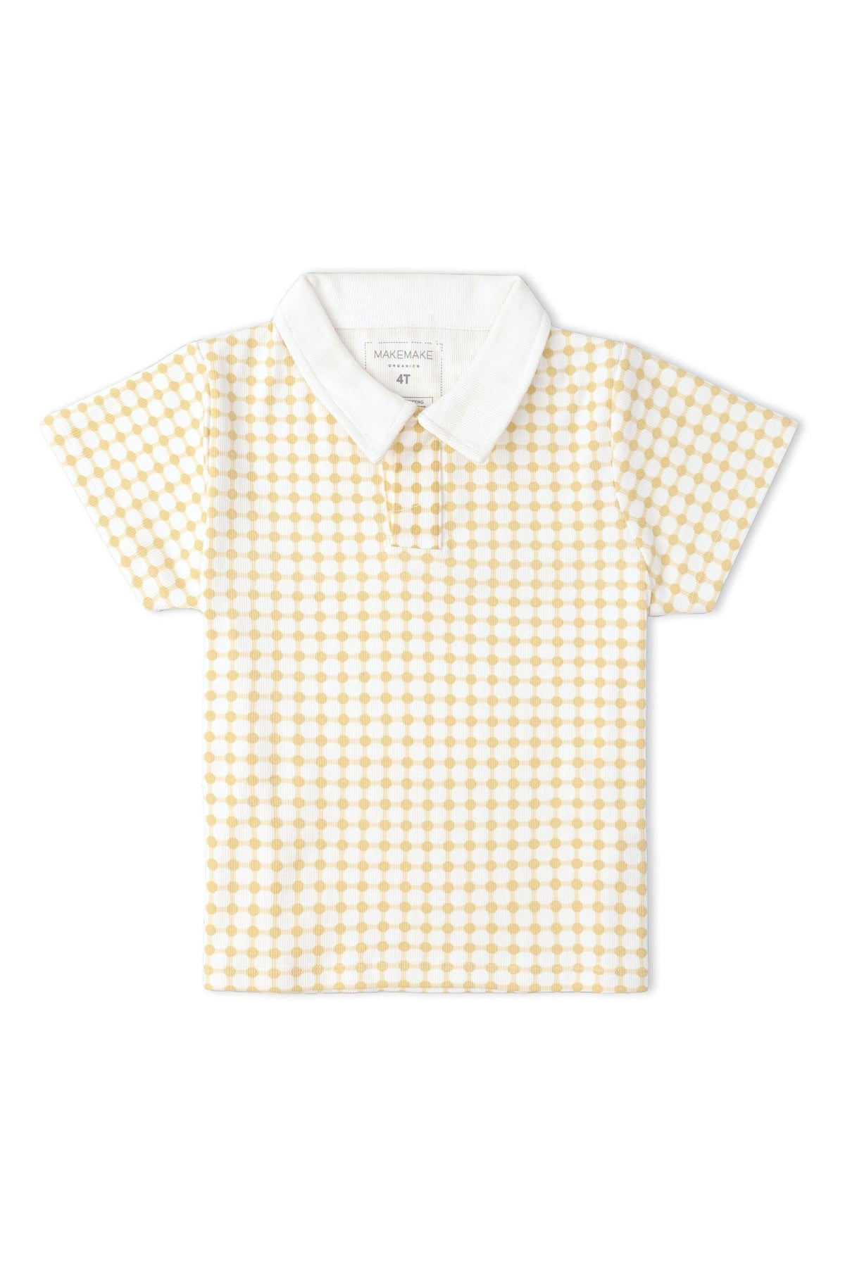 A short-sleeved collar tee featuring a yellow and white dot pattern. Made from soft organic cotton, this shirt is perfect for kids playtime and sunny adventures.