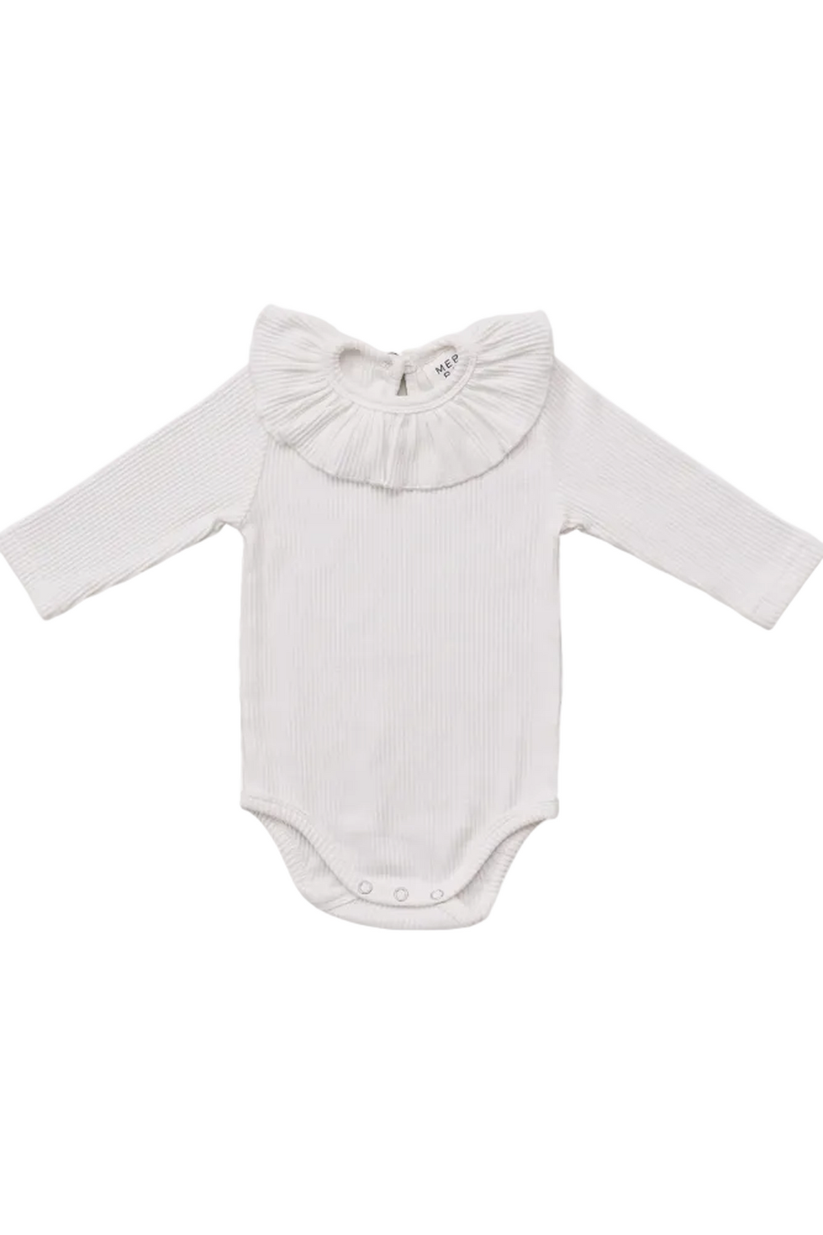 White ribbed cotton bodysuit featuring a ruffled collar and long sleeves. This soft, flexible outfit is perfect for babies, ideal for everyday wear or special occasions.