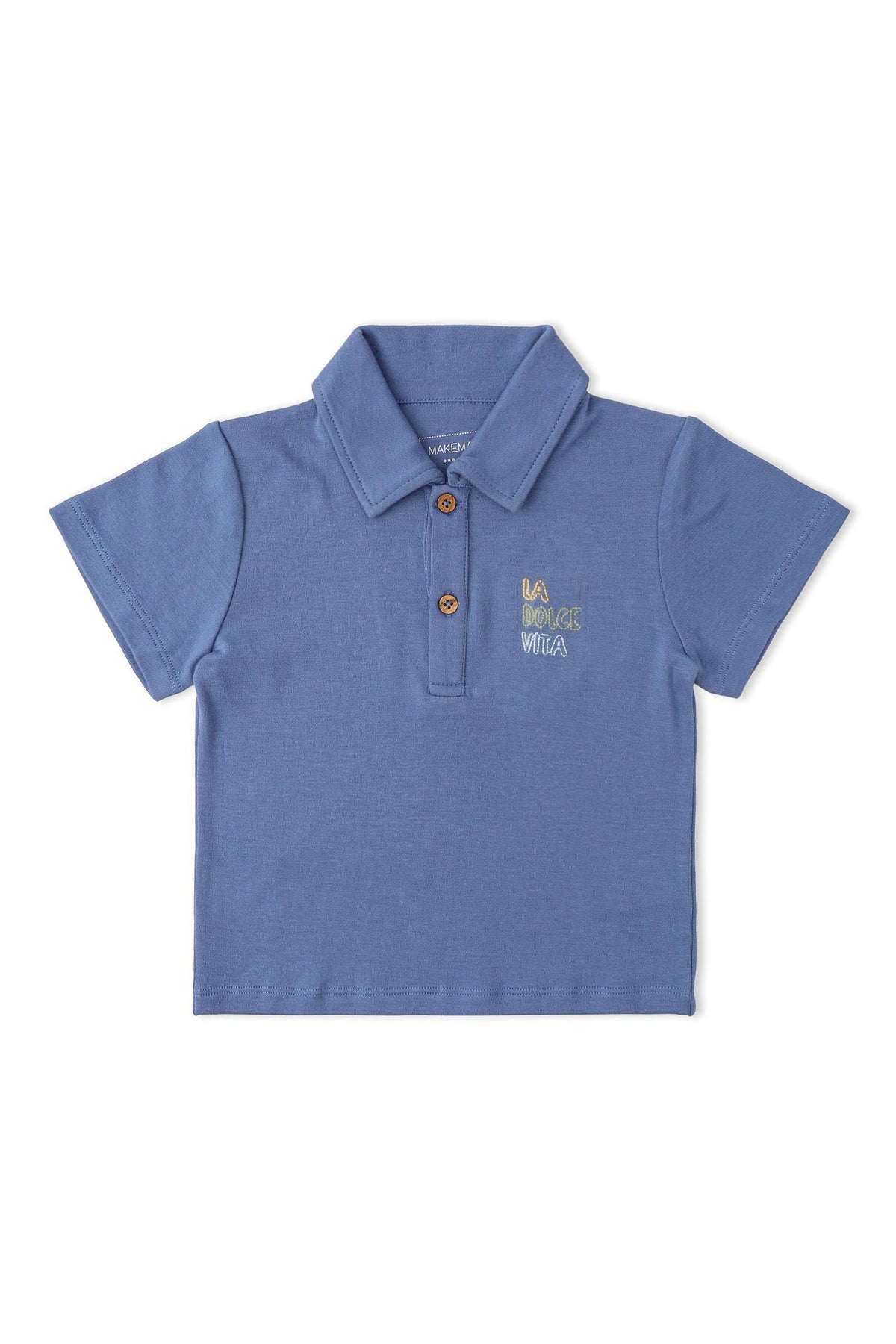 A blue organic cotton polo shirt features a classic collar and short sleeves, adorned with two buttons and playful embroidery.