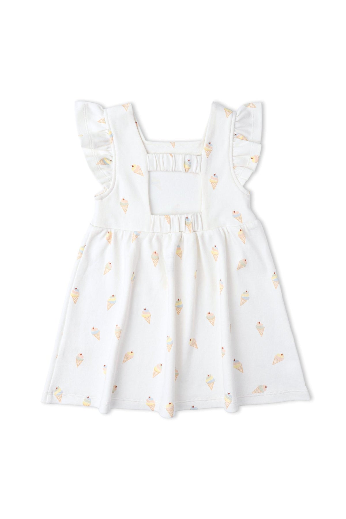 A playful white dress featuring an ice cream print and ruffled sleeves. The back has a charming cutout design, made from soft, breathable organic cotton for comfortable wear.