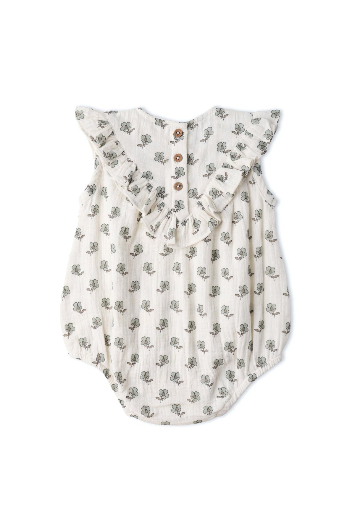 Organic sleeveless bubble romper in cream with delicate floral patterns. Features ruffled sleeves and wooden snap closures, made from soft, breathable fabric for comfort during playtime.